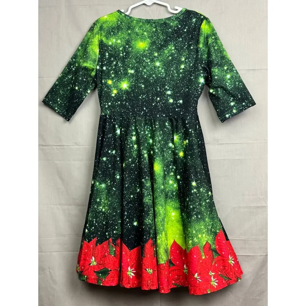 Girls Holiday Christmas Dress – Galaxy Star Print with Poinsettias, Size S